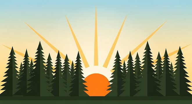 Golden sunrise over snowy pine forest silhouette.