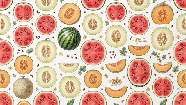 A seamless pattern of hand-drawn melons including watermelon, cantaloupe, and honeydew shown whole and in cross-section.