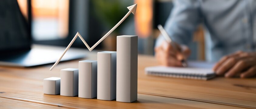 photorealistic financial investment concept showing steadily increasing 3D bar columns with an elegant upward line graph, business professional writing notes in the background, warm wooden desk,