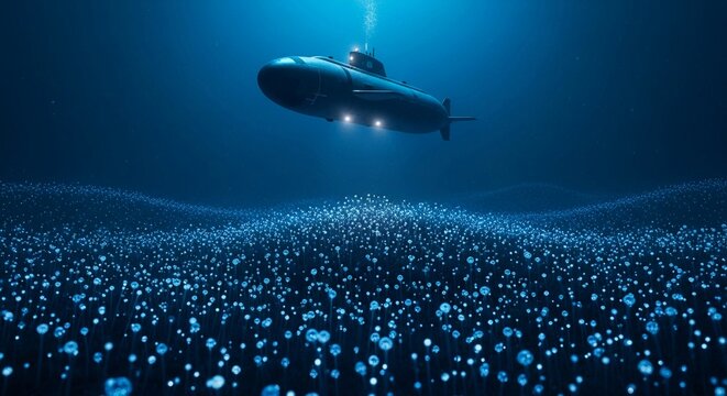 A sleek dark submarine navigates the vast, illuminated deep ocean, a beacon of exploration.