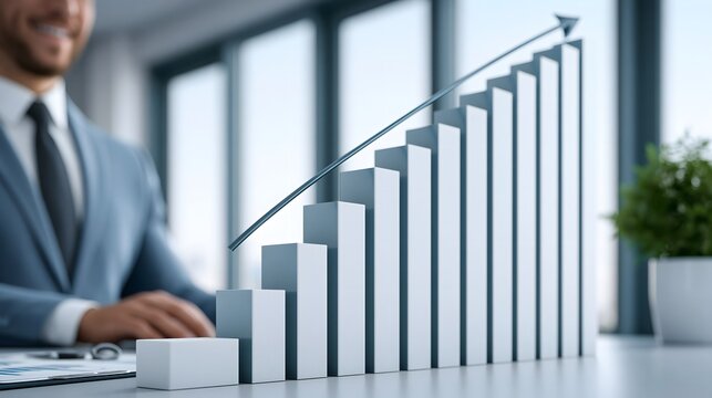 photorealistic premium financial growth concept showing a confident business professional working behind a dramatic ascending investment chart, rising bars symbolizing profits and wealth