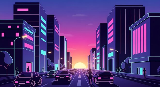 Neon lit city street at night with cars and buildings.