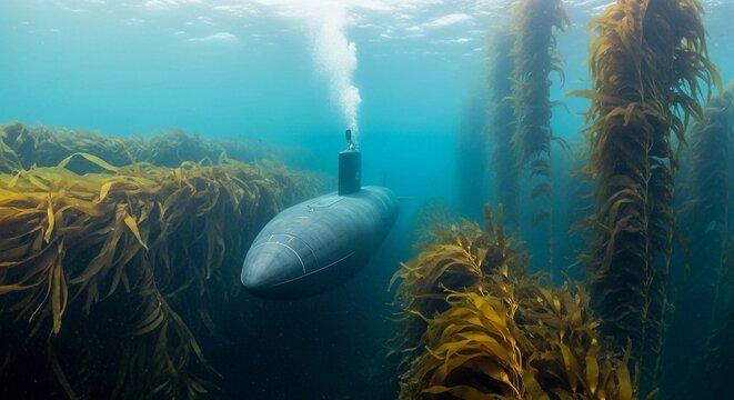 A sleek, dark submarine navigates through a dense underwater forest of kelp, emitting a plume of steam.