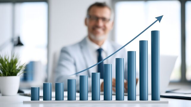photorealistic premium financial growth concept showing a confident business professional working behind a dramatic ascending investment chart, rising bars symbolizing profits and wealth