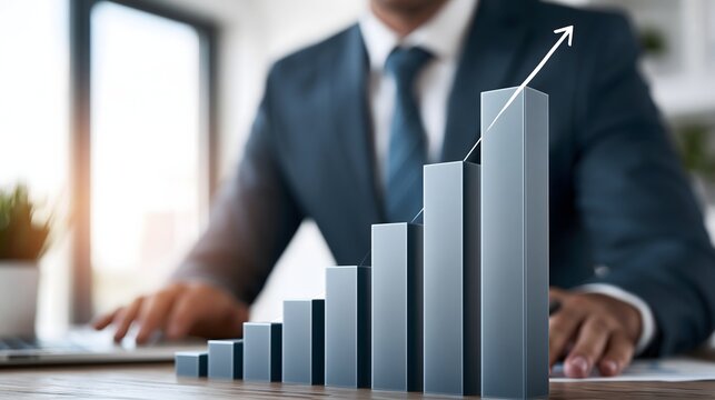photorealistic premium financial growth concept showing a confident business professional working behind a dramatic ascending investment chart, rising bars symbolizing profits and wealth