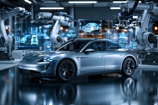 premium electric vehicle prototype in a dark innovation laboratory surrounded by robotic machinery, holographic engineering visualization, autonomous driving concept, futuristic transportation