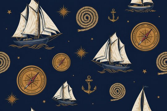 Seamless pattern featuring vintage sailing ships, coiled nautical ropes, brass compasses, and anchors on a dark navy blue background texture