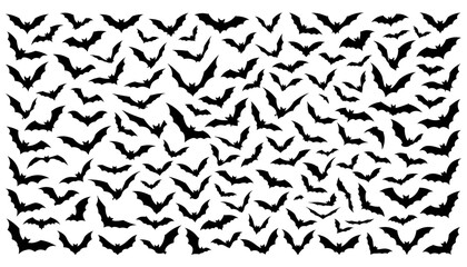 Fototapeta premium Spooky Halloween Flying Bats Swarm Silhouette Vector Background Featuring a Dense Colony of Creepy Vampires for Holiday Posters, Banners, and Pattern Backdrop Graphic Designs