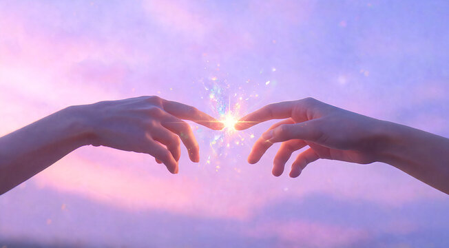 Two hands reaching out and touching with a magical glowing spark