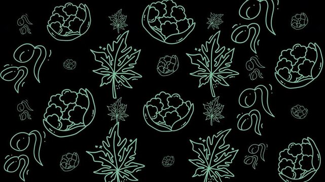 Doodle vegetable pattern featuring green cauliflower heads and papaya leaves on black.