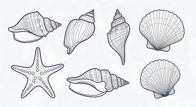 A vintageinspired collection of sea shells and starfish in handdrawn line art perfect for nautical illustration and marine life themed designs