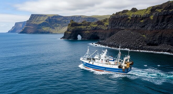 A white and blue fishing trawler sails in the choppy blue sea near a rugged, rocky coastline with an arch in the cliffs.