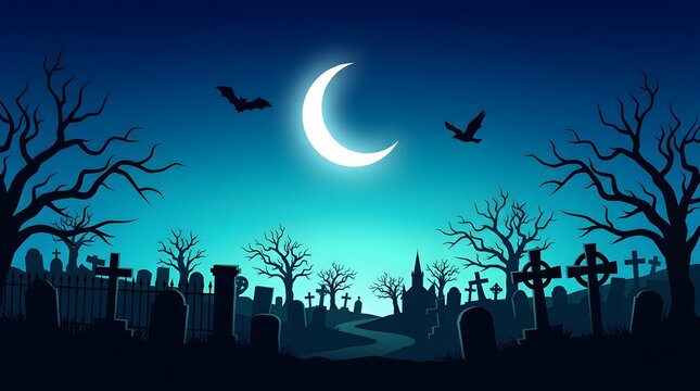 Spooky halloween night background with a glowing crescent moon silhouette of trees and tombstones in a graveyard
