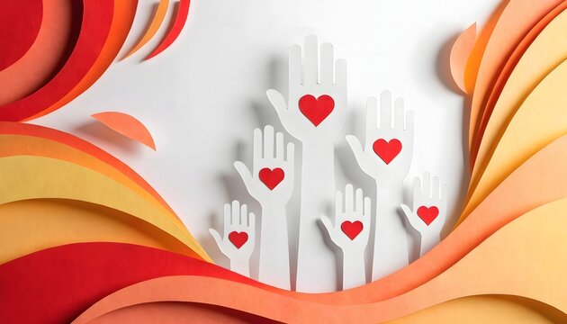 Many paper cutout hands with red hearts.