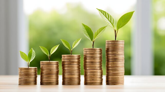 modern ESG portfolio concept with multiple stacks of gold coins gradually increasing in value, fresh green leaves growing between the stacks, bright natural daylight, clean financial business