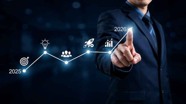 Business executive using digital interface to track corporate growth strategy from 2025 to 2028 with business strategy performance corporate investment analytics management planning technology