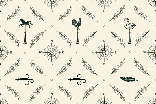 Seamless pattern featuring vintage weather vanes with horse, rooster, and swan silhouettes, compass roses, wheat stalks, and stars on cream background