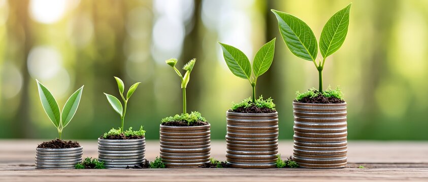 commercial stock photo representing the future of ESG investing, ascending stacks of coins transitioning visually into healthy green plants, bright natural environment, clean composition, strong