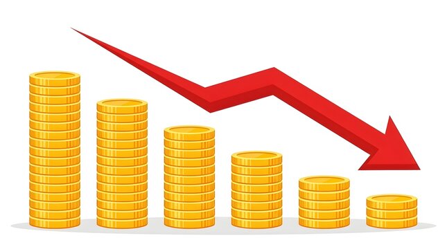 Economic loss graphic showing decreasing gold coin stacks and a red downward arrow representing financial recession or market crash