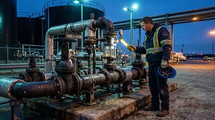 Naklejka premium Technician inspects sustainable aviation fuel distribution manifold