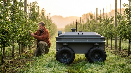 Fototapeta premium Orchard grower checks trees beside an autonomous field rover