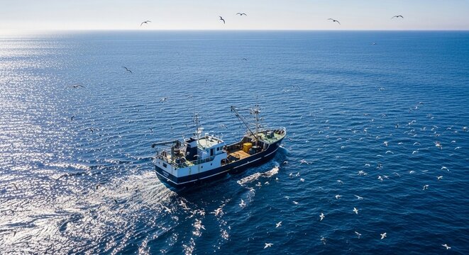 Commercial fishing vessel actively sailing across the expansive blue ocean, surrounded by a flock of seabirds on a sunny day