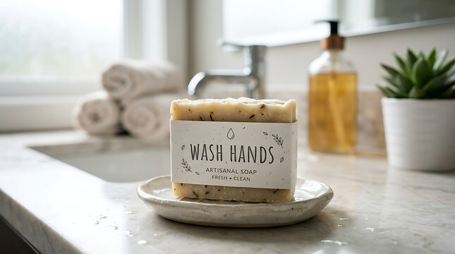 Artisan bar soap with 'Wash Hands' label resting on ceramic dish