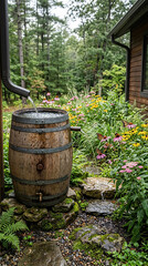 Obraz premium Old Wooden Wine Barrel in a Rustic Garden Setting, Vintage Oak Cask and Antique Container Surrounded by Green Plants and Rural Vineyard Atmosphere
