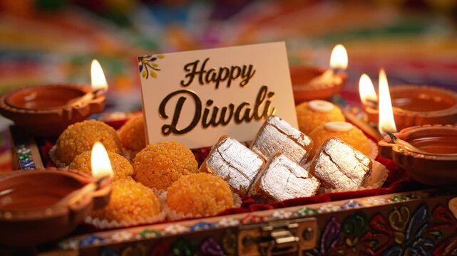 Diwali sweets and oil lamps with festive greeting card