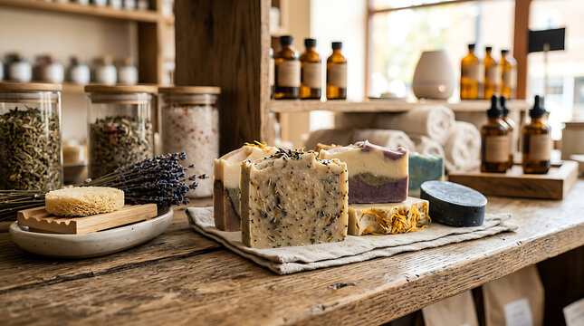 Artisan handmade soaps and dried botanicals displayed on rustic wooden counter
