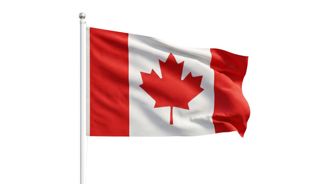 Canadian flag with maple leaf symbol waving on pole against clear space isolated on transparent background.