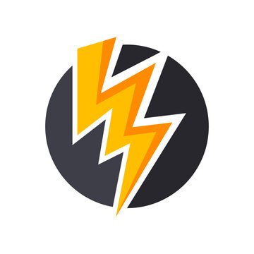 Modern abstract graphic of a powerful orange and yellow lightning bolt in a dark circle, symbolizing energy.