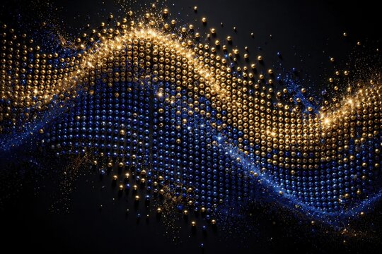 Abstract Digital Wave of Golden and Blue Lights on Black Background.