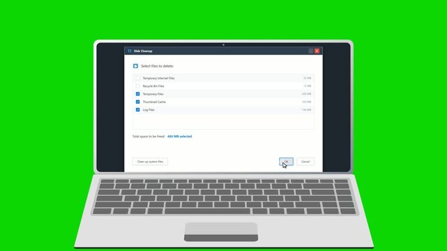 Laptop computer running a system cleanup software on green screen. 4K Video