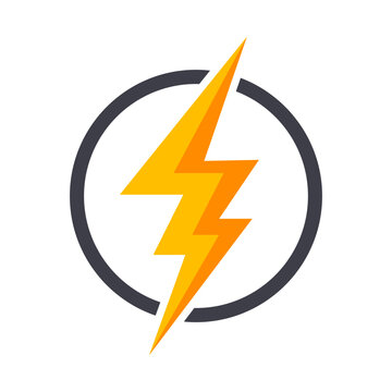 Vibrant yellow and orange lightning symbol encircled by a grey ring, representing power, speed, and electricity.