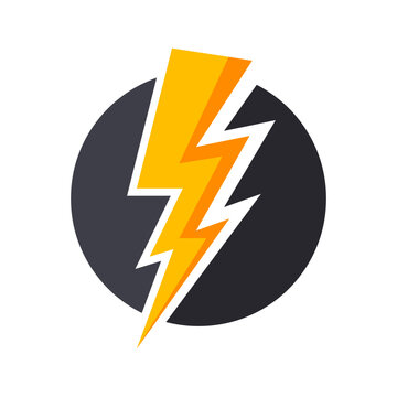 Vibrant yellow and orange lightning bolt icon in a bold dark grey circular badge, symbolizing power, speed, and electricity.