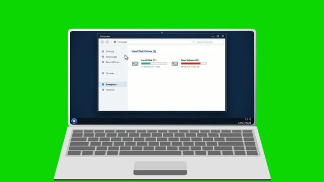 Laptop opening file explorer window on green background. 4K Video