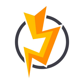 Vibrant orange and yellow lightning bolt emblem, encircled by a dark frame, representing power, speed, and electricity.