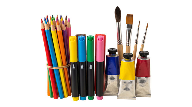 Colorful art supplies arranged in cluster featuring pencils markers brushes and paint isolated on background.