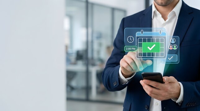 Business professional confirming digital calendar appointment on smartphone with time and attendee icons for scheduling, meeting management and workplace planning