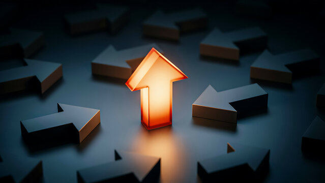 Glowing orange arrow standing out among dark grey arrows with leadership differentiation business strategy direction motivation inspiration competition creative ambition planning progress