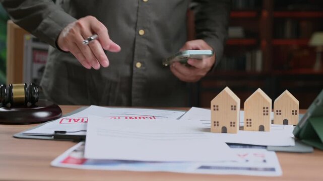Man examine real estate contract papers desk judge gavel wooden house models smartphone planning investment decision secure mortgage loan agreement property purchase signing corporate office.