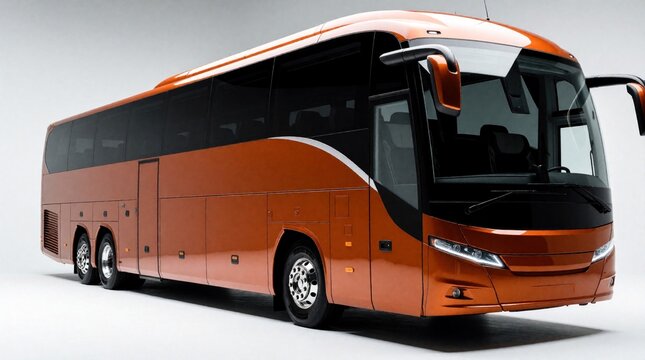 Modern orange luxury coach parked on white background. Sleek contemporary bus features large windows, stylish design. High end passenger vehicle for long distance travel, tourism, pro transport