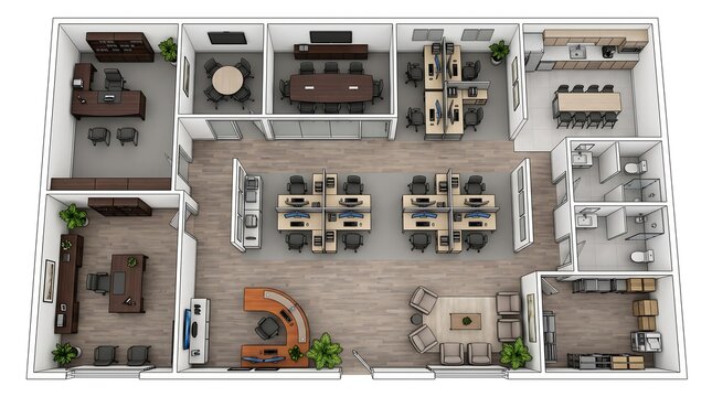Detailed aerial view of a contemporary office layout featuring many individual workstations and collaborative spaces