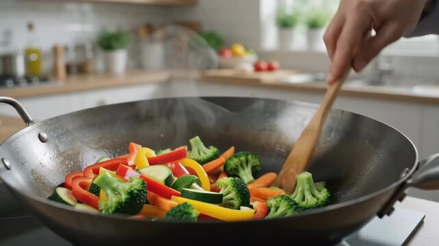 Mixed vegetables cooking in a large pan while a person stirs them with a wooden spoon, showing fresh meal preparation and everyday cooking