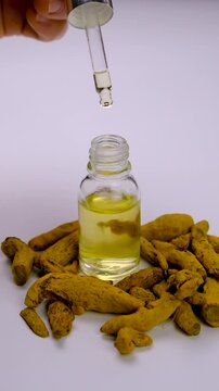 Turmeric root for supplements and essential oils. Selective focus.