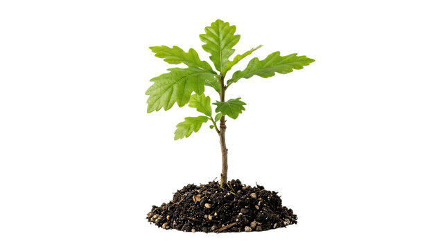 A small young oak tree sapling growing out of a pile of rich dark fertile soil isolated on a clean white background for environmental concepts