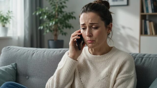 Sad woman talking on a smartphone while sitting on a sofa at home, showing an emotional phone conversation and personal distress