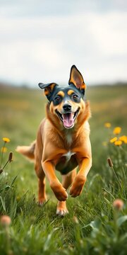 Energetic Kelpie with yellow coat, black trim, and happy expression, running freely in a green meadow, dog, happy