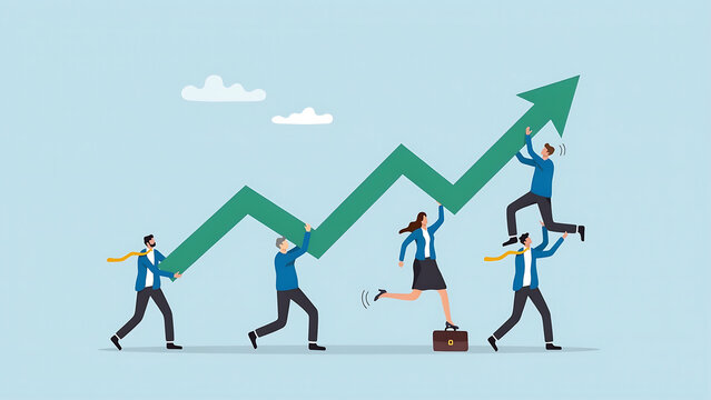 Business team lifting upward growing financial arrow chart with teamwork business collaboration progress strategy leadership corporate management investment development planning marketing